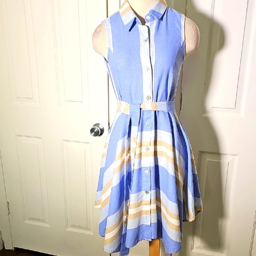 1.‎ State Blue and White Striped Dress. Size Small. Button With Tie. Linen Rayon